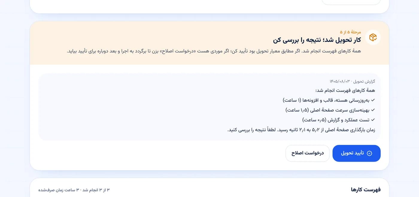 مرحله تحویل با گزارش کار و دکمه‌های تأیید تحویل و درخواست اصلاح